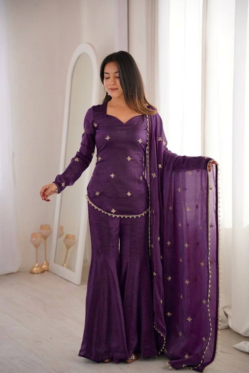 Women's Fendy Silk Embroidered Sharara Palazzo Suit Set with Dupatta