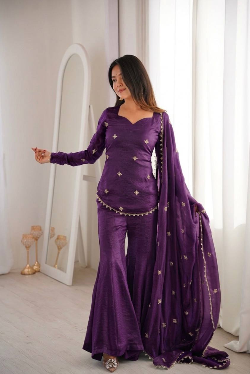 Women's Fendy Silk Embroidered Sharara Palazzo Suit Set with Dupatta