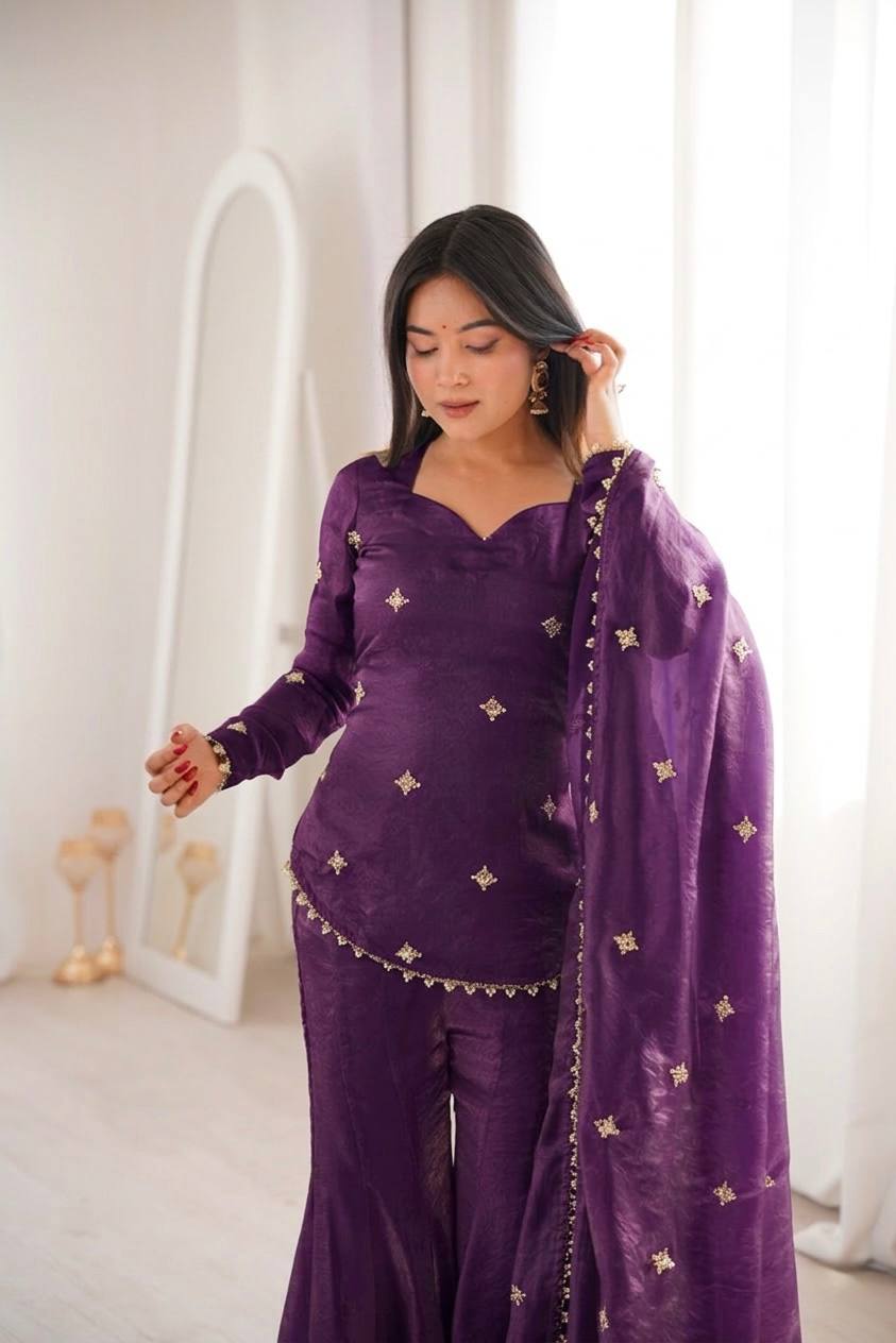 Women's Fendy Silk Embroidered Sharara Palazzo Suit Set with Dupatta