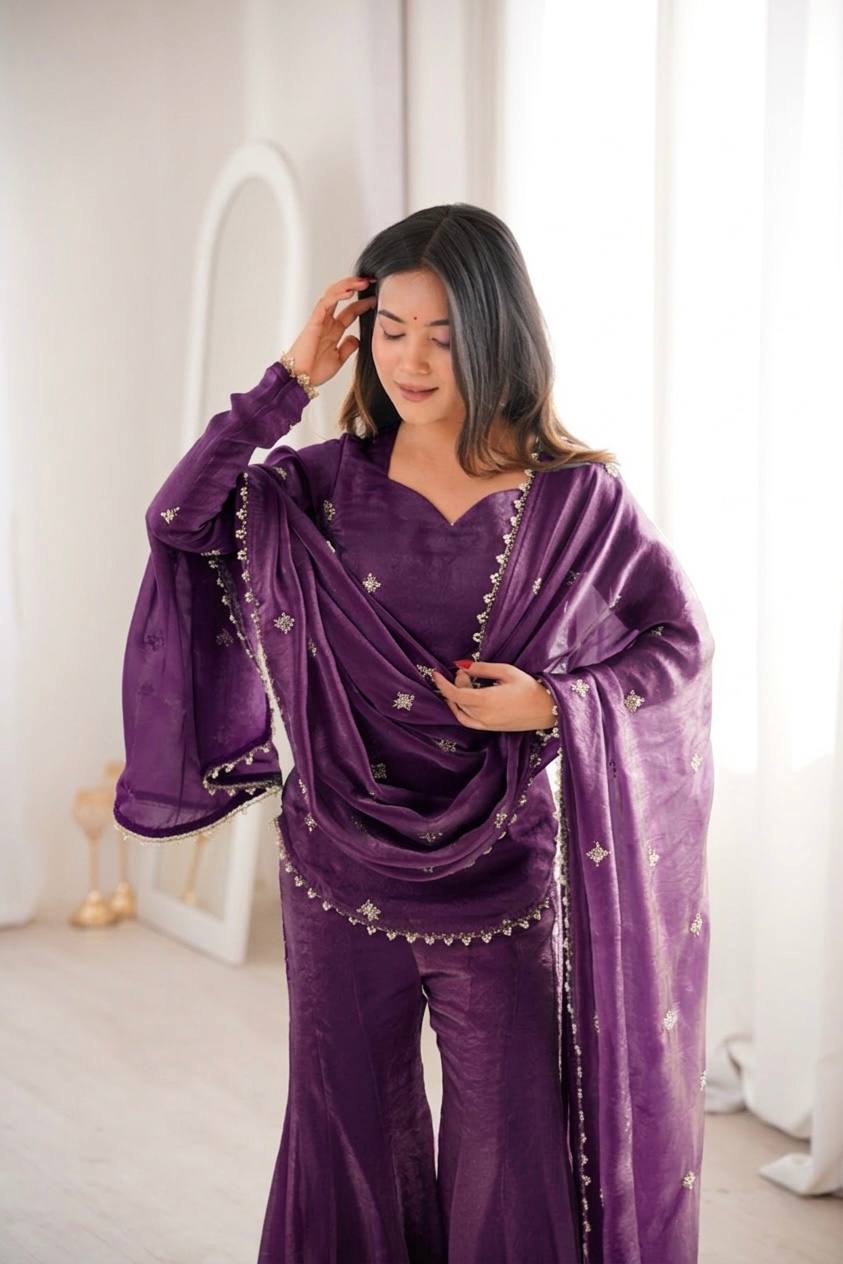 Women's Fendy Silk Embroidered Sharara Palazzo Suit Set with Dupatta
