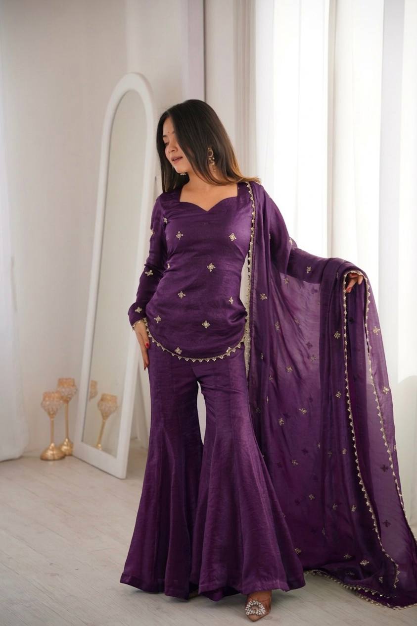 Women's Fendy Silk Embroidered Sharara Palazzo Suit Set with Dupatta