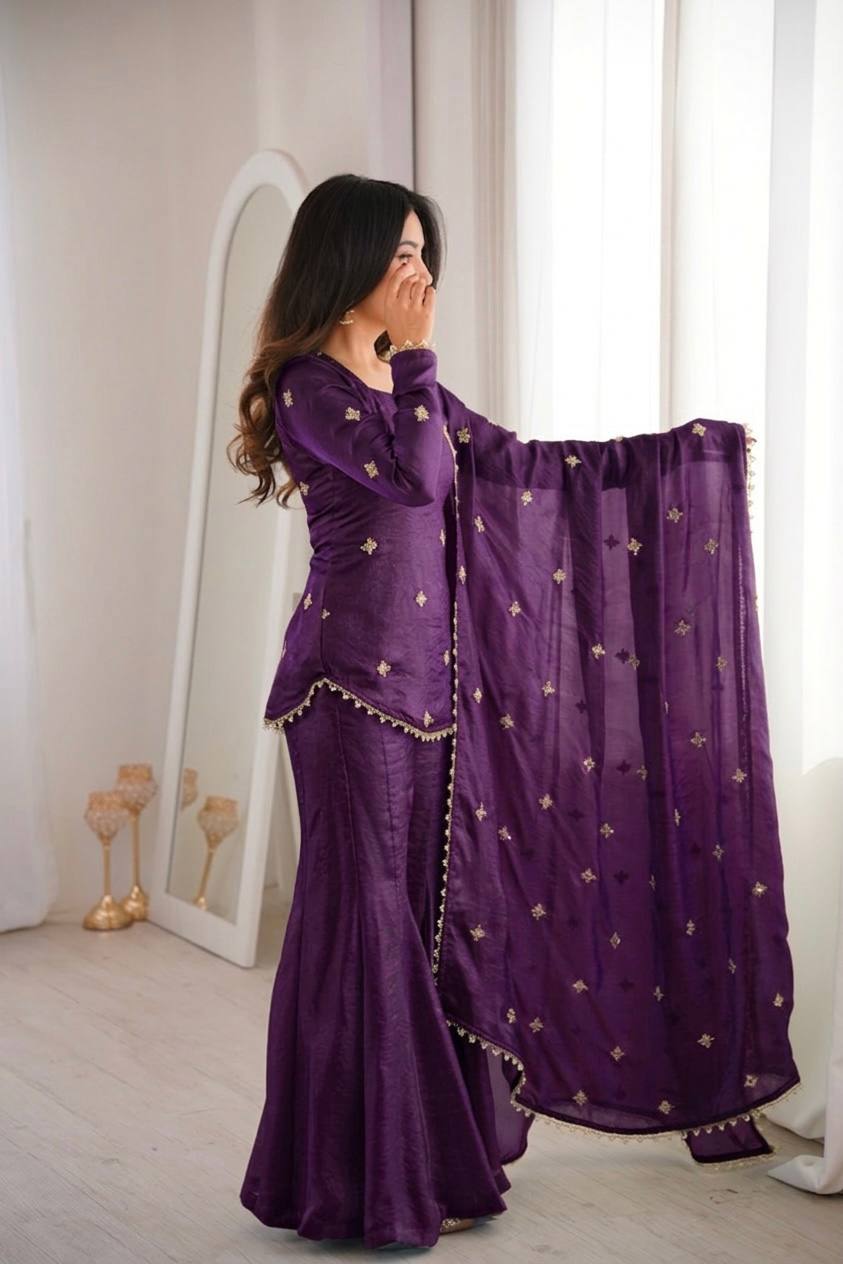 Women's Fendy Silk Embroidered Sharara Palazzo Suit Set with Dupatta