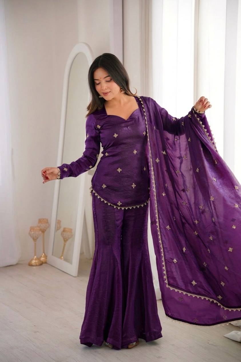 Women's Fendy Silk Embroidered Sharara Palazzo Suit Set with Dupatta