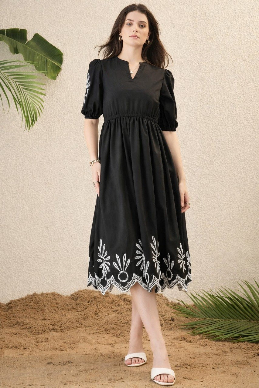 Women's Black Floral Embroidered Viscose Rayon Midi Dress