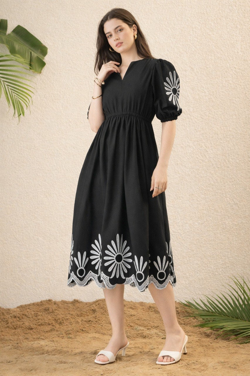 Women's Black Floral Embroidered Viscose Rayon Midi Dress