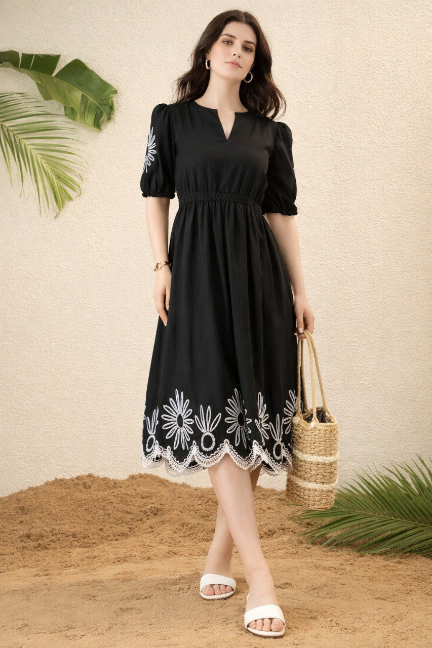Women's Black Floral Embroidered Viscose Rayon Midi Dress