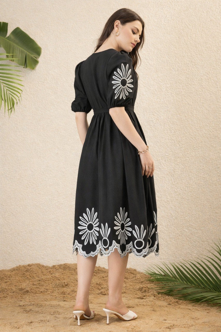 Women's Black Floral Embroidered Viscose Rayon Midi Dress