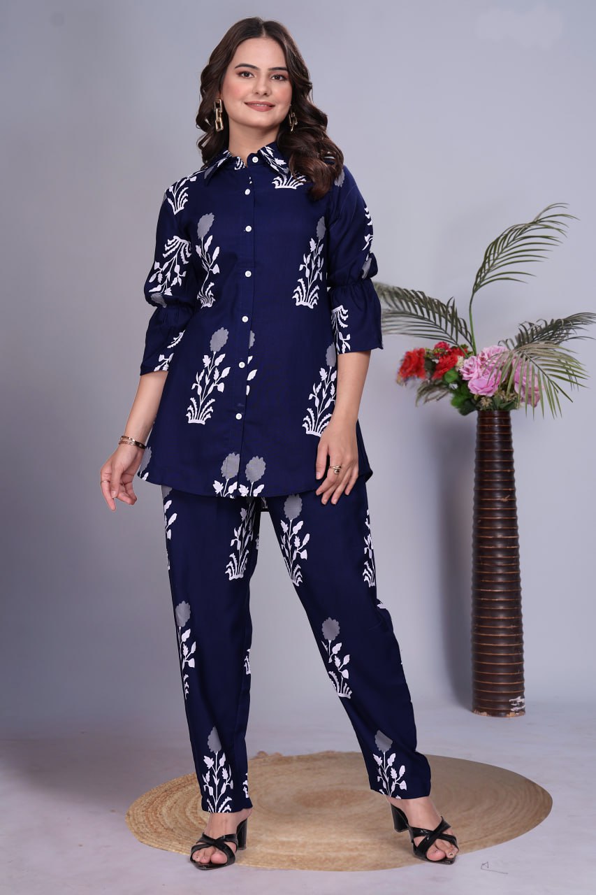 Digital Printed Rayon Co-Ord Set with Collar Neck