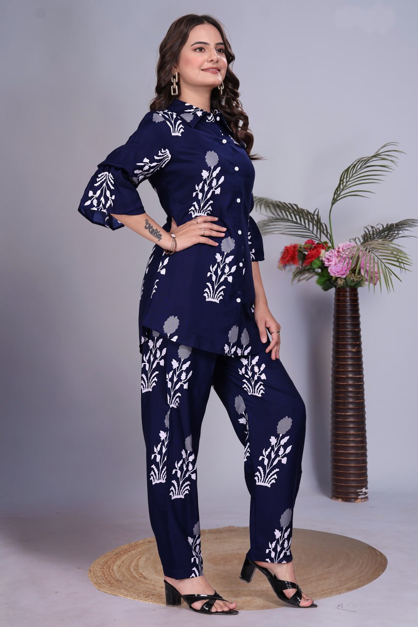 Digital Printed Rayon Co-Ord Set with Collar Neck