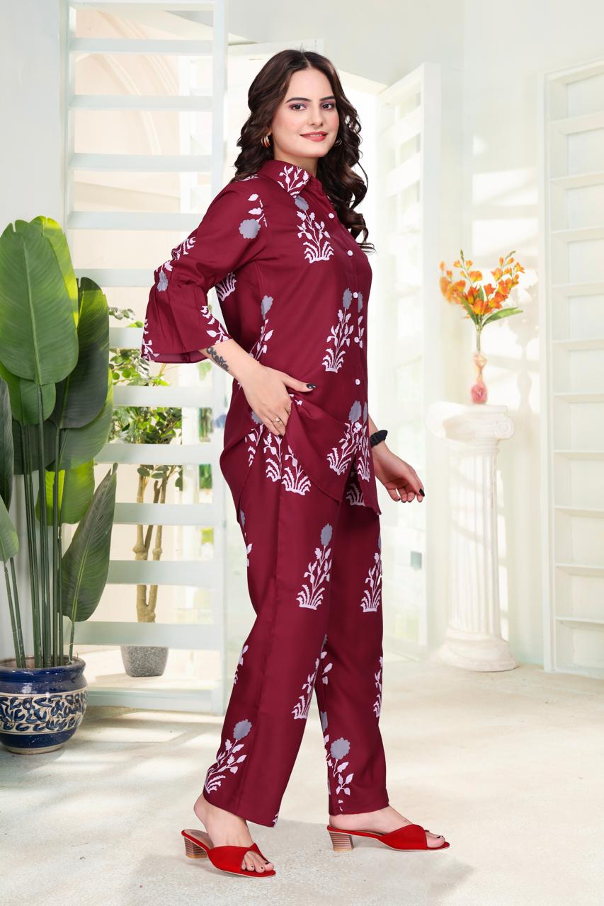 Digital Printed Rayon Co-Ord Set with Collar Neck