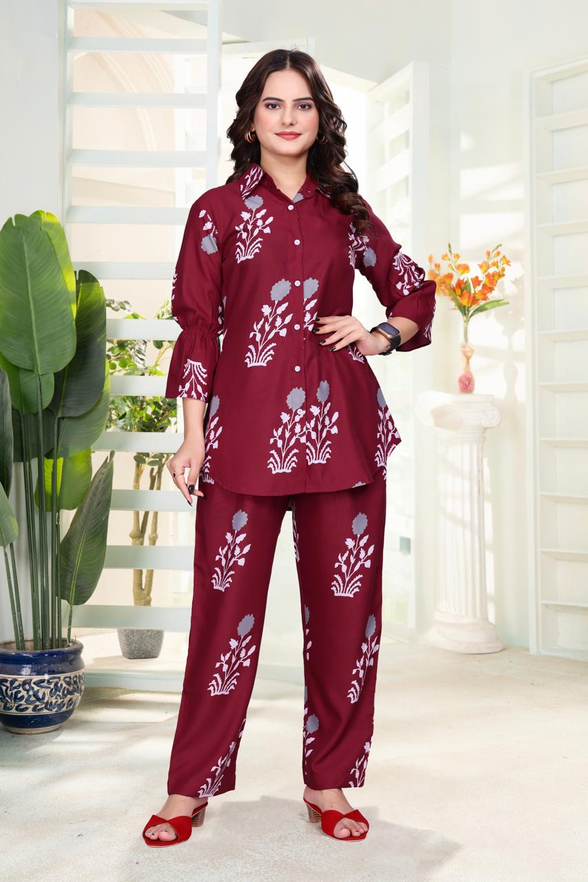 Digital Printed Rayon Co-Ord Set with Collar Neck