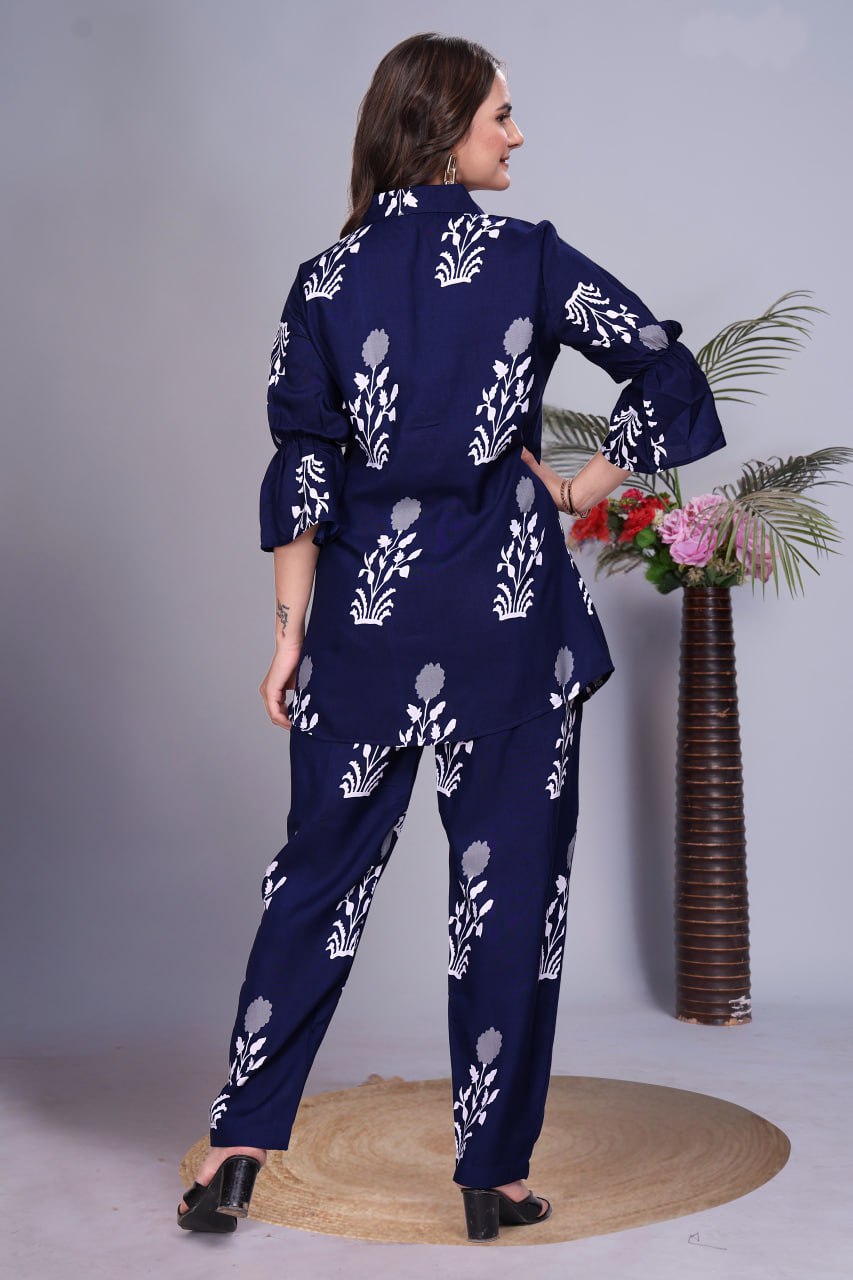 Digital Printed Rayon Co-Ord Set with Collar Neck