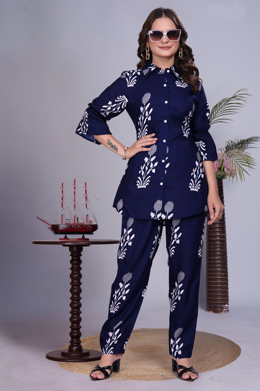 Digital Printed Rayon Co-Ord Set with Collar Neck