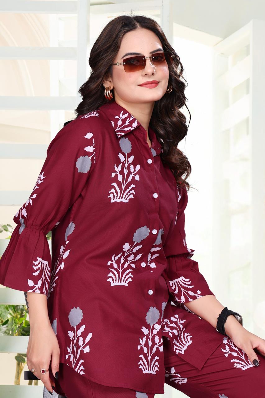 Digital Printed Rayon Co-Ord Set with Collar Neck