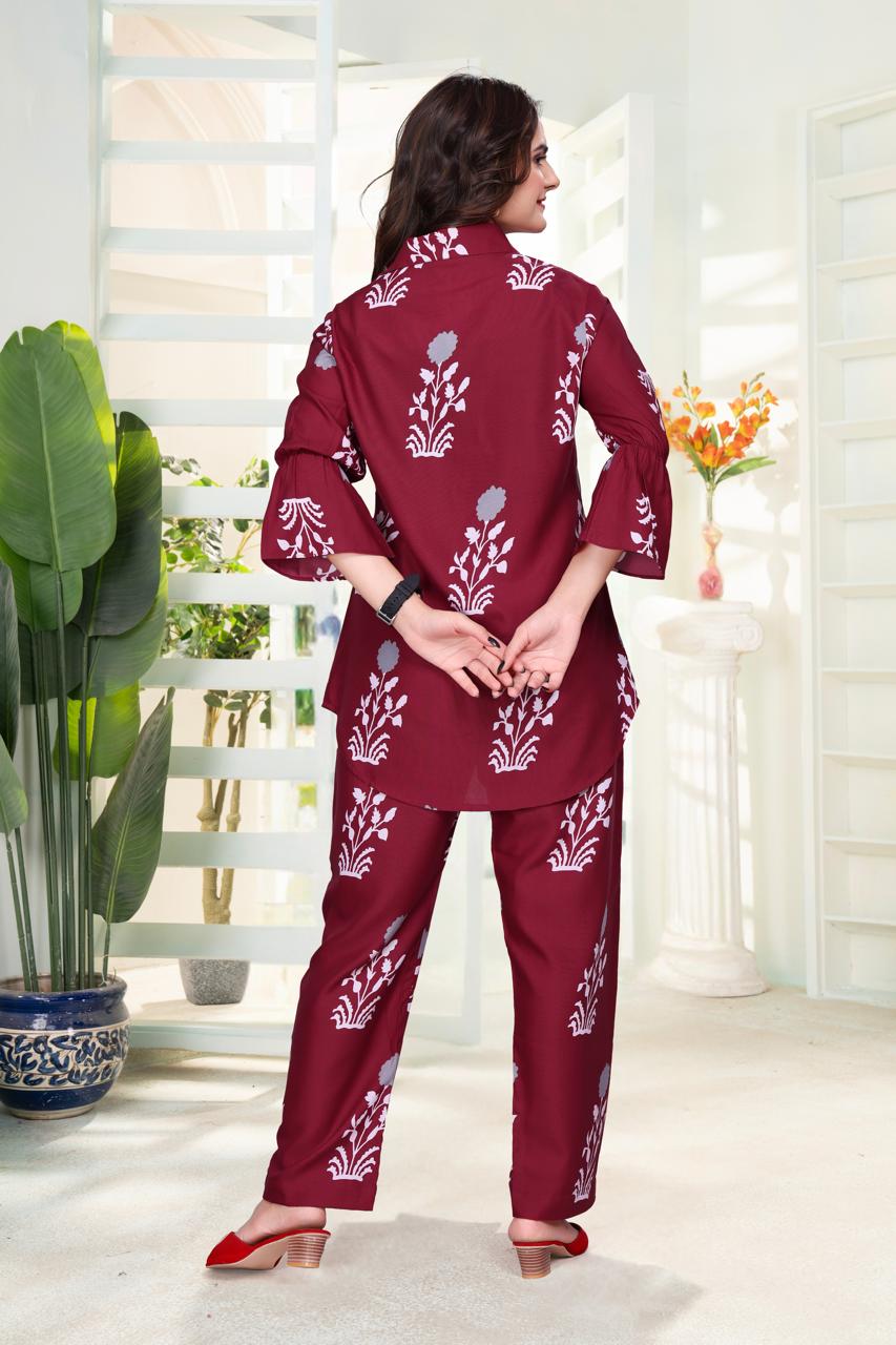 Digital Printed Rayon Co-Ord Set with Collar Neck