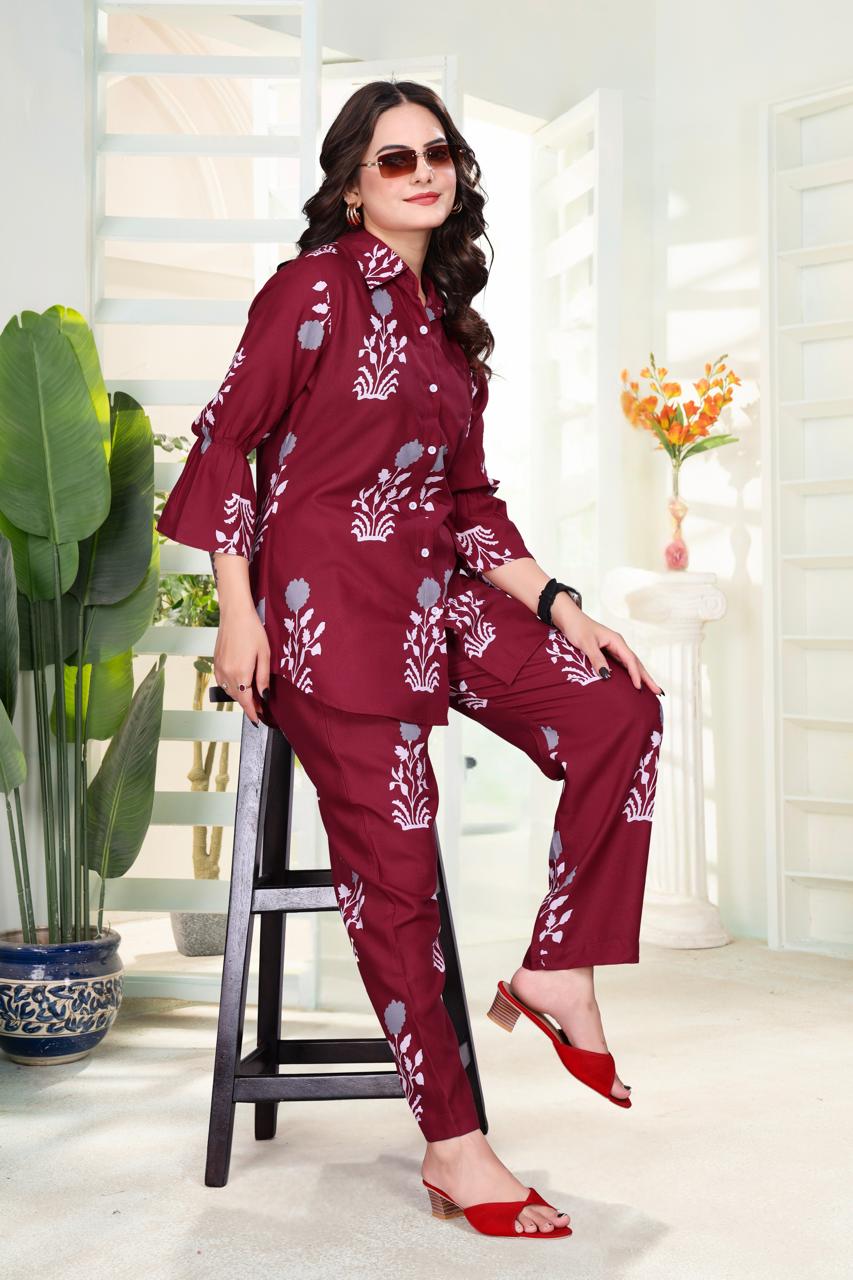 Digital Printed Rayon Co-Ord Set with Collar Neck