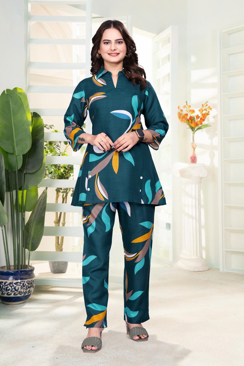Digital Printed Rayon Co-Ord Set with Collar Neck