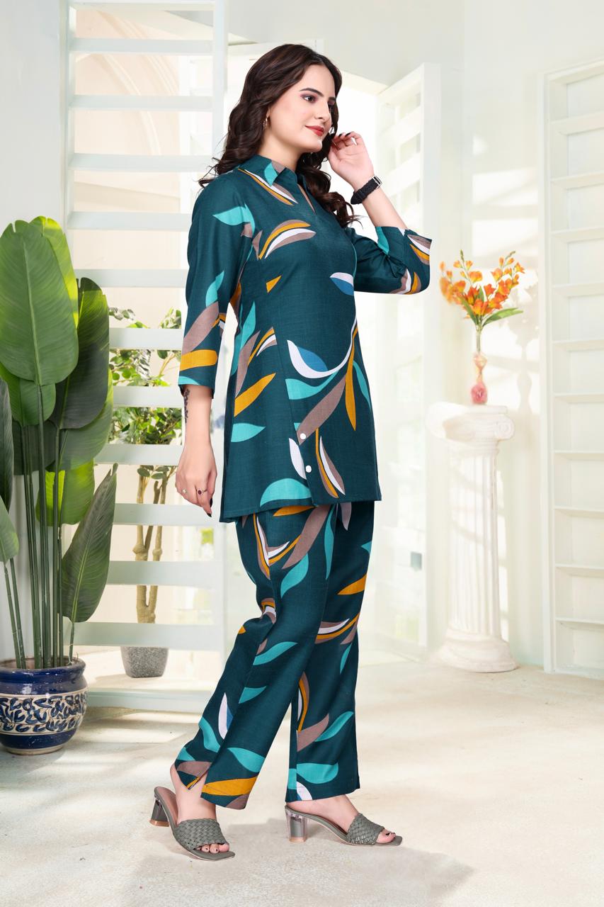 Digital Printed Rayon Co-Ord Set with Collar Neck