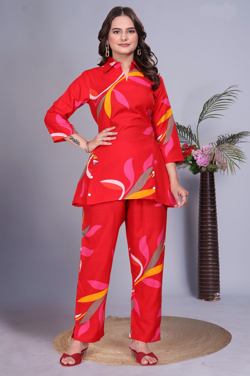 Digital Printed Rayon Co-Ord Set with Collar Neck