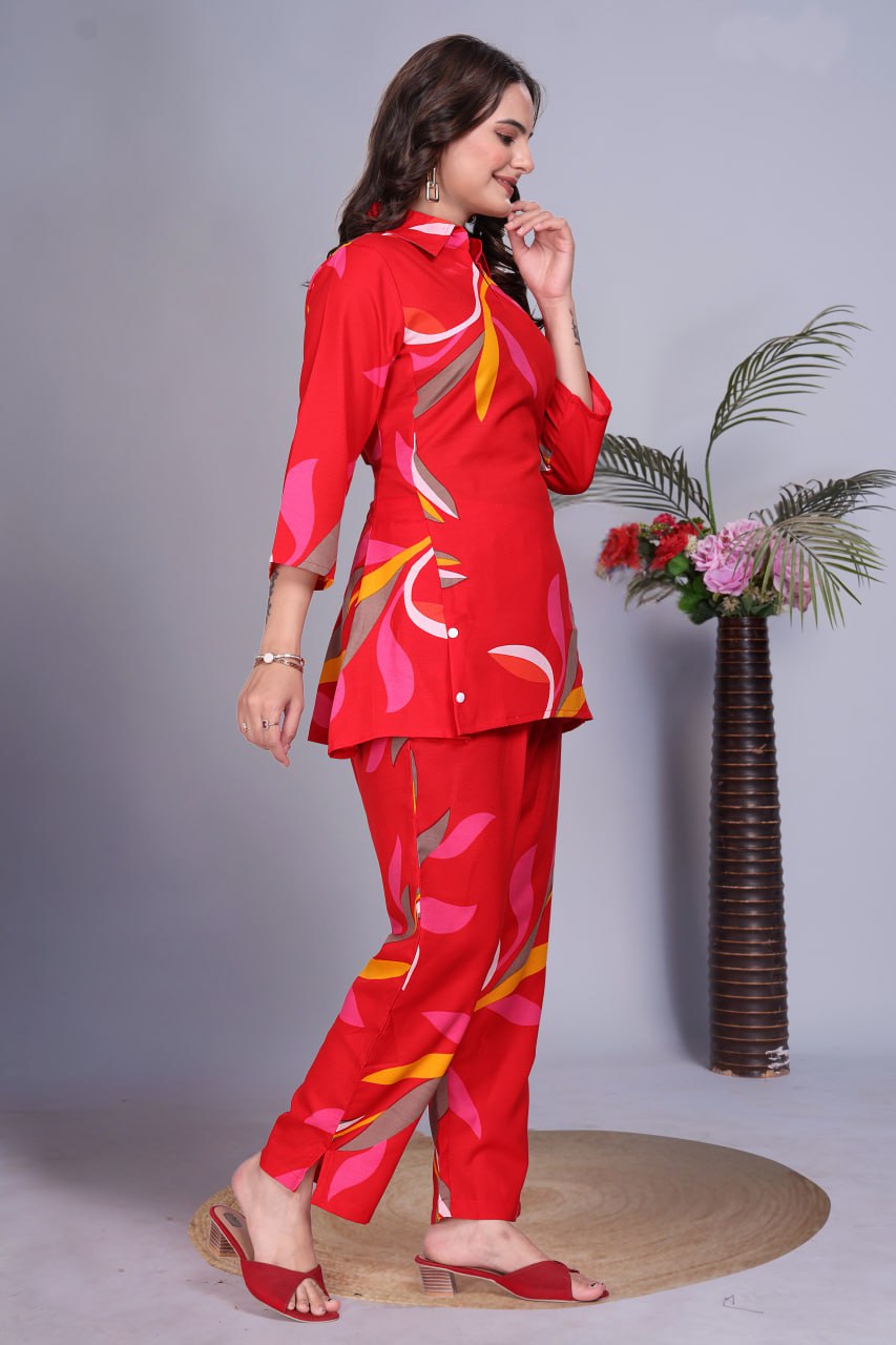 Digital Printed Rayon Co-Ord Set with Collar Neck