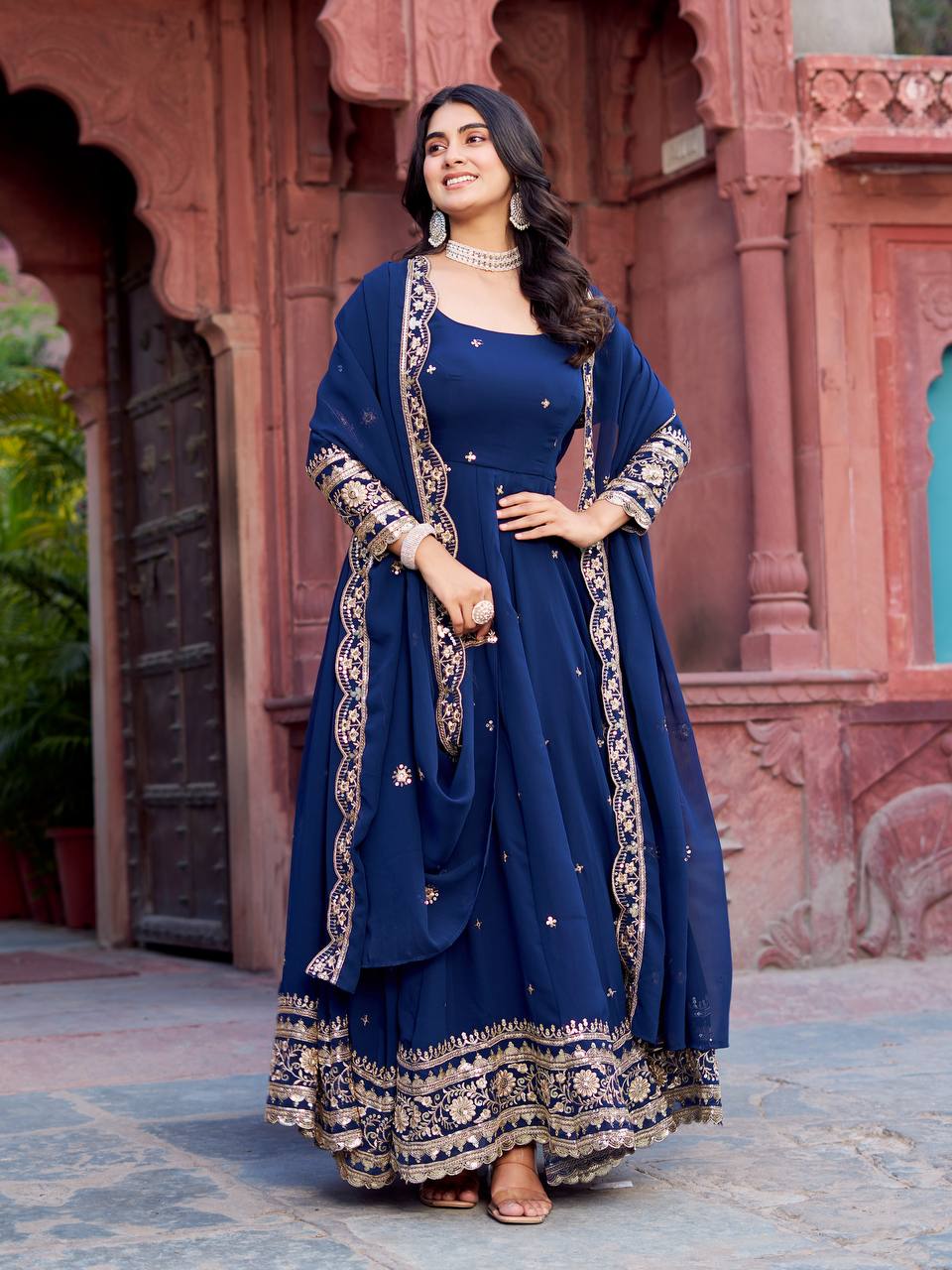 Premium Faux Georgette Embroidered Sequence Anarkali Gown Pant Dupatta Set for Women
