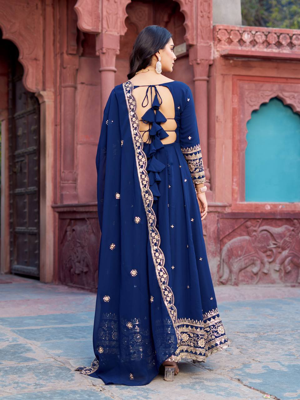 Premium Faux Georgette Embroidered Sequence Anarkali Gown Pant Dupatta Set for Women