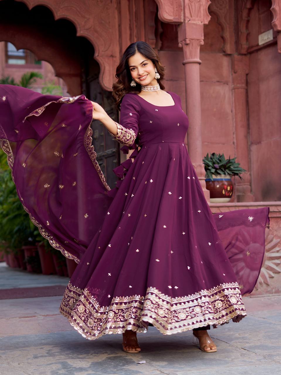 Premium Faux Georgette Embroidered Sequence Anarkali Gown Pant Dupatta Set for Women