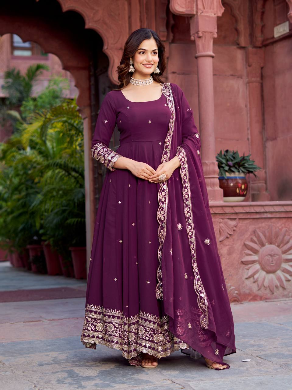 Premium Faux Georgette Embroidered Sequence Anarkali Gown Pant Dupatta Set for Women