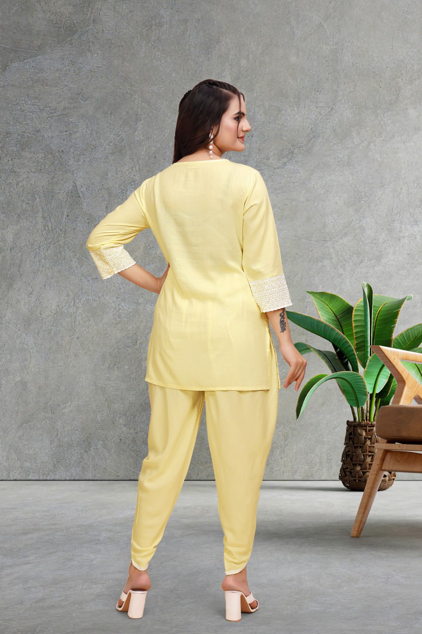 Schiffli Viscose Rayon Co-Ord Set with V Neck