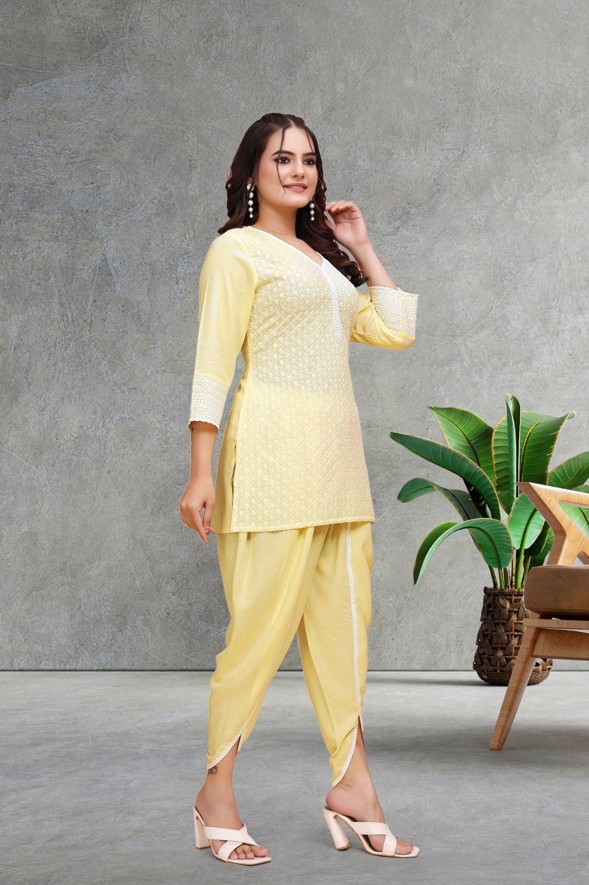 Schiffli Viscose Rayon Co-Ord Set with V Neck