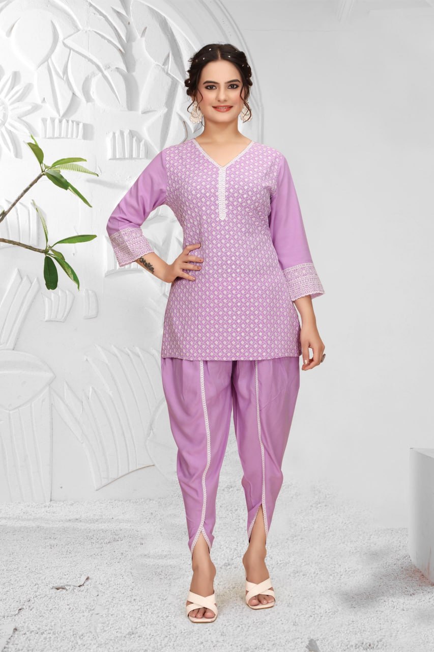 Schiffli Viscose Rayon Co-Ord Set with V Neck