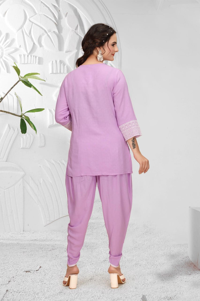 Schiffli Viscose Rayon Co-Ord Set with V Neck