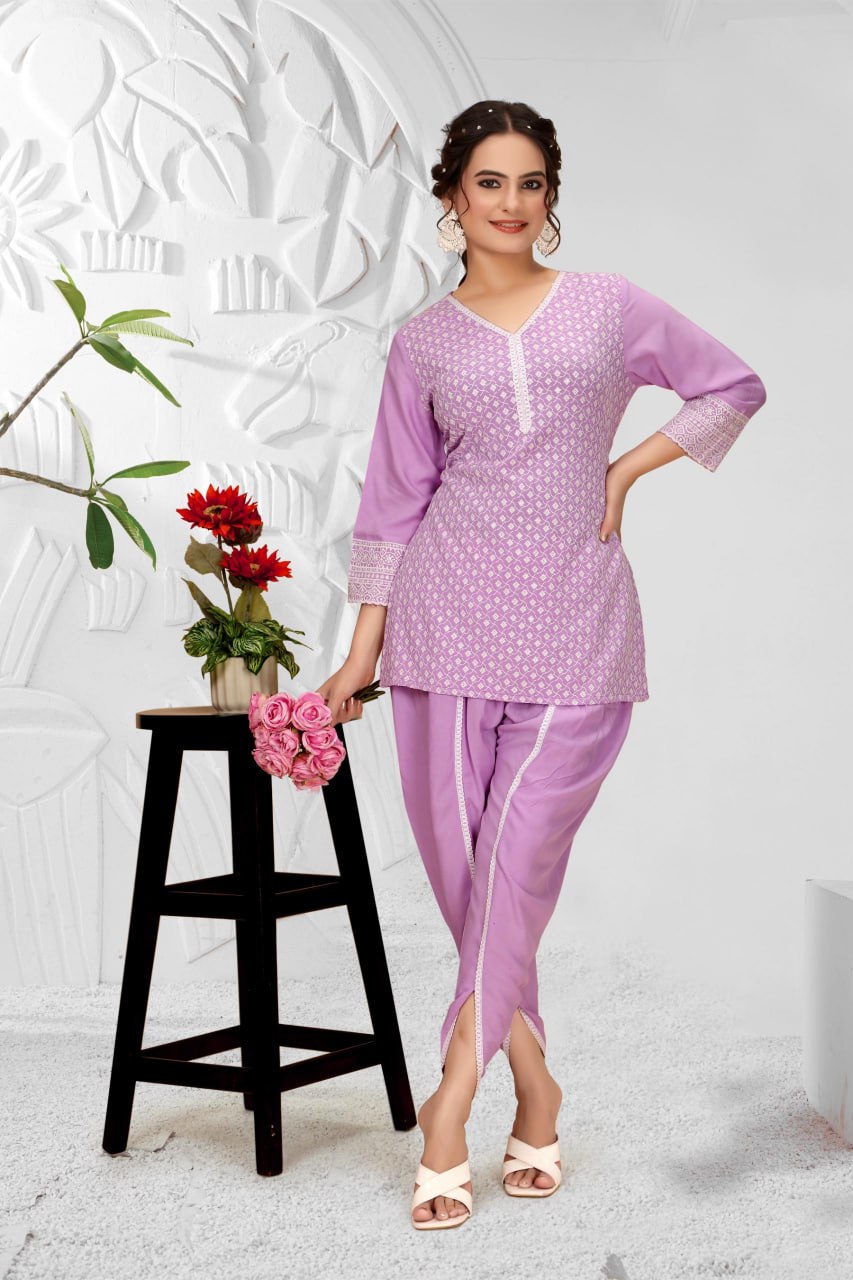 Schiffli Viscose Rayon Co-Ord Set with V Neck