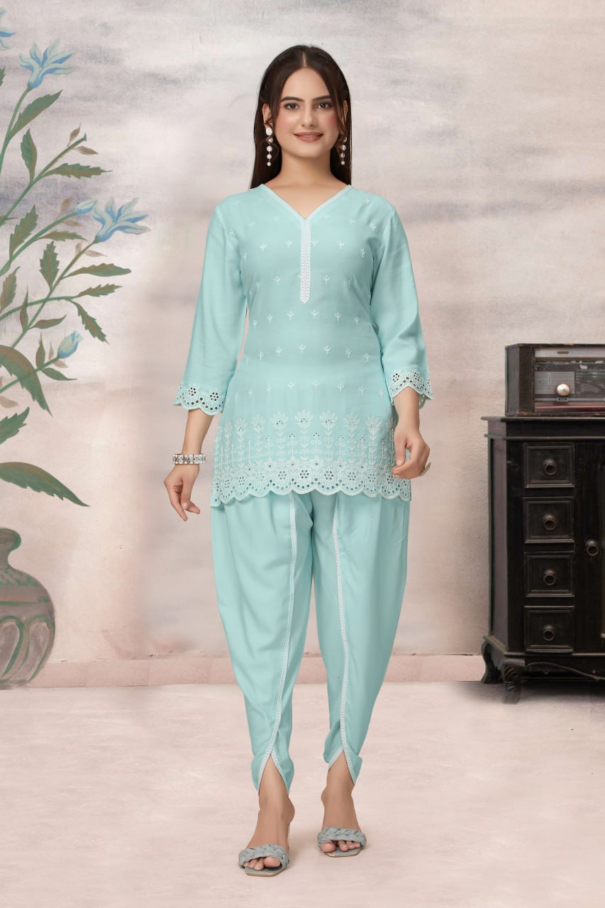 Schiffli Viscose Rayon Co-Ord Set with V Neck