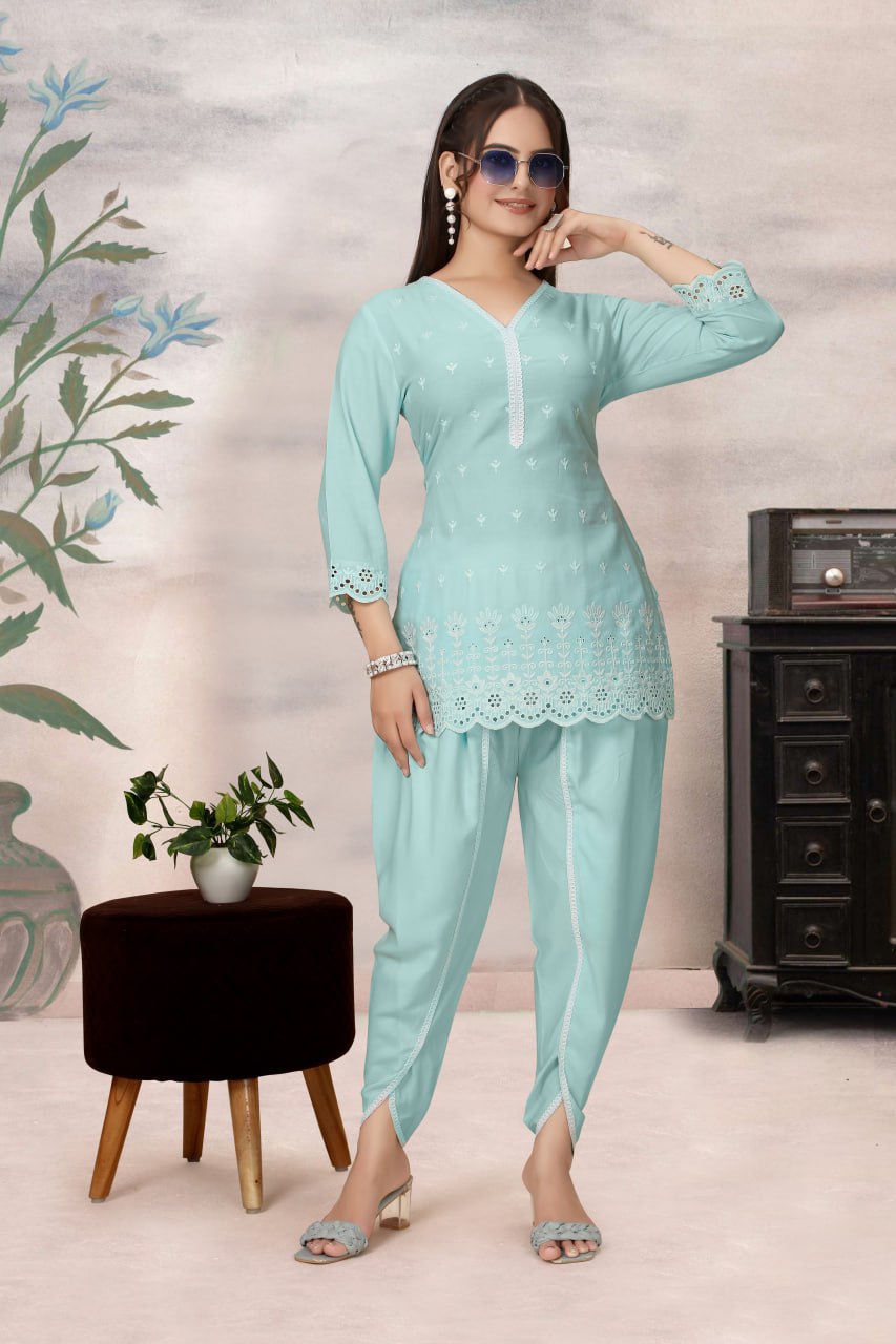 Schiffli Viscose Rayon Co-Ord Set with V Neck