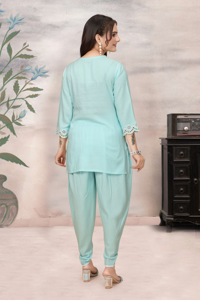 Schiffli Viscose Rayon Co-Ord Set with V Neck