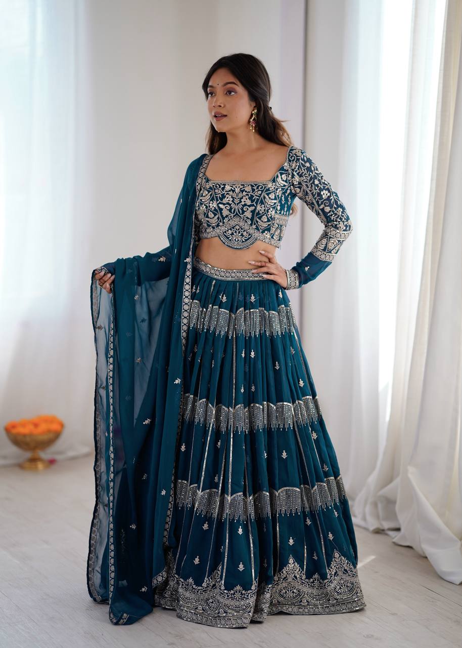 Women's Faux Georgette Thread Embroidered Lehenga Choli Set with Dupatta