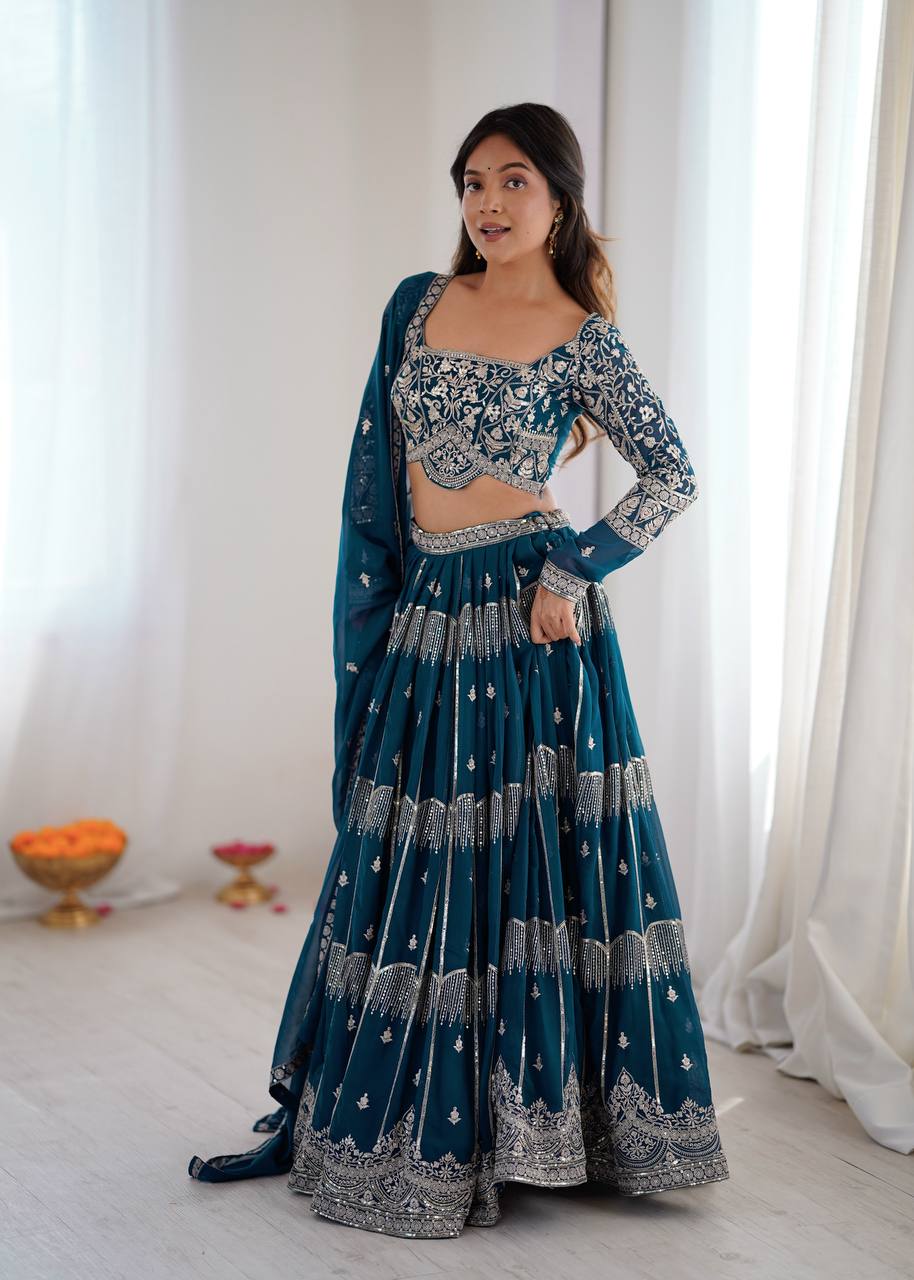 Women's Faux Georgette Thread Embroidered Lehenga Choli Set with Dupatta