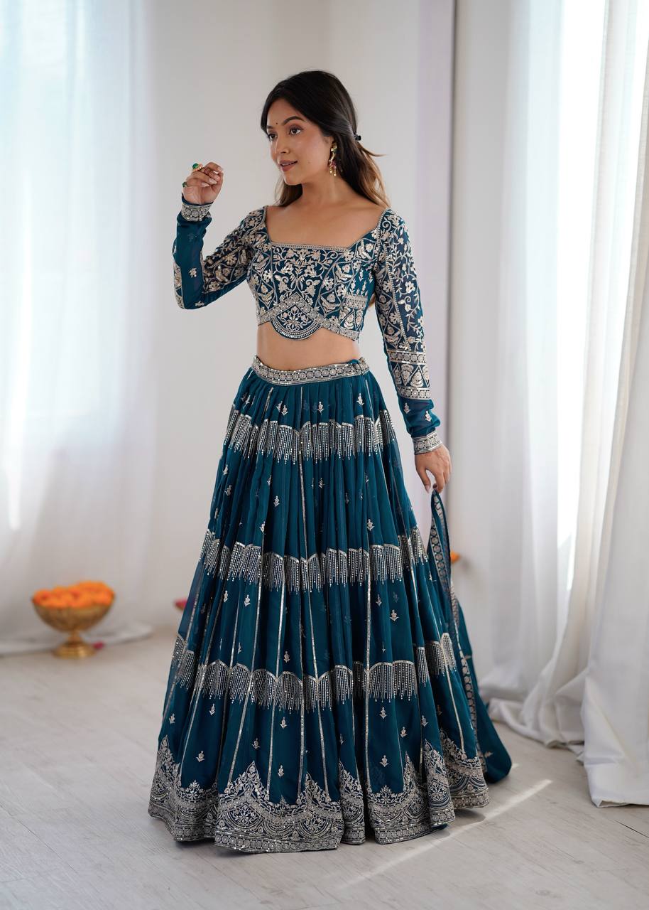 Women's Faux Georgette Thread Embroidered Lehenga Choli Set with Dupatta
