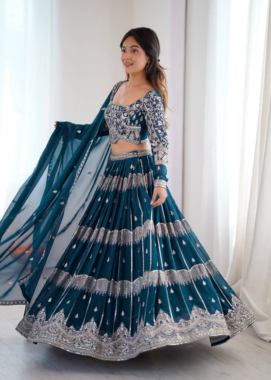 Women's Faux Georgette Thread Embroidered Lehenga Choli Set with Dupatta