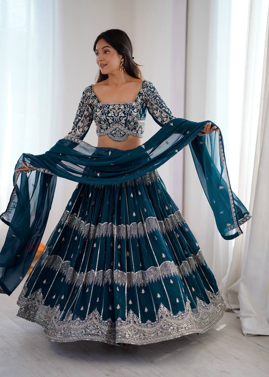 Women's Faux Georgette Thread Embroidered Lehenga Choli Set with Dupatta