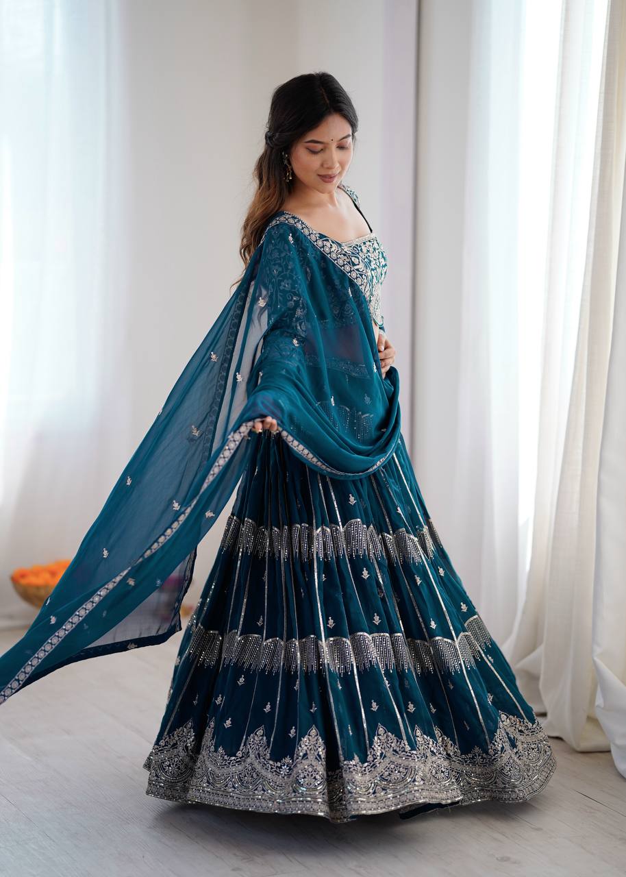 Women's Faux Georgette Thread Embroidered Lehenga Choli Set with Dupatta