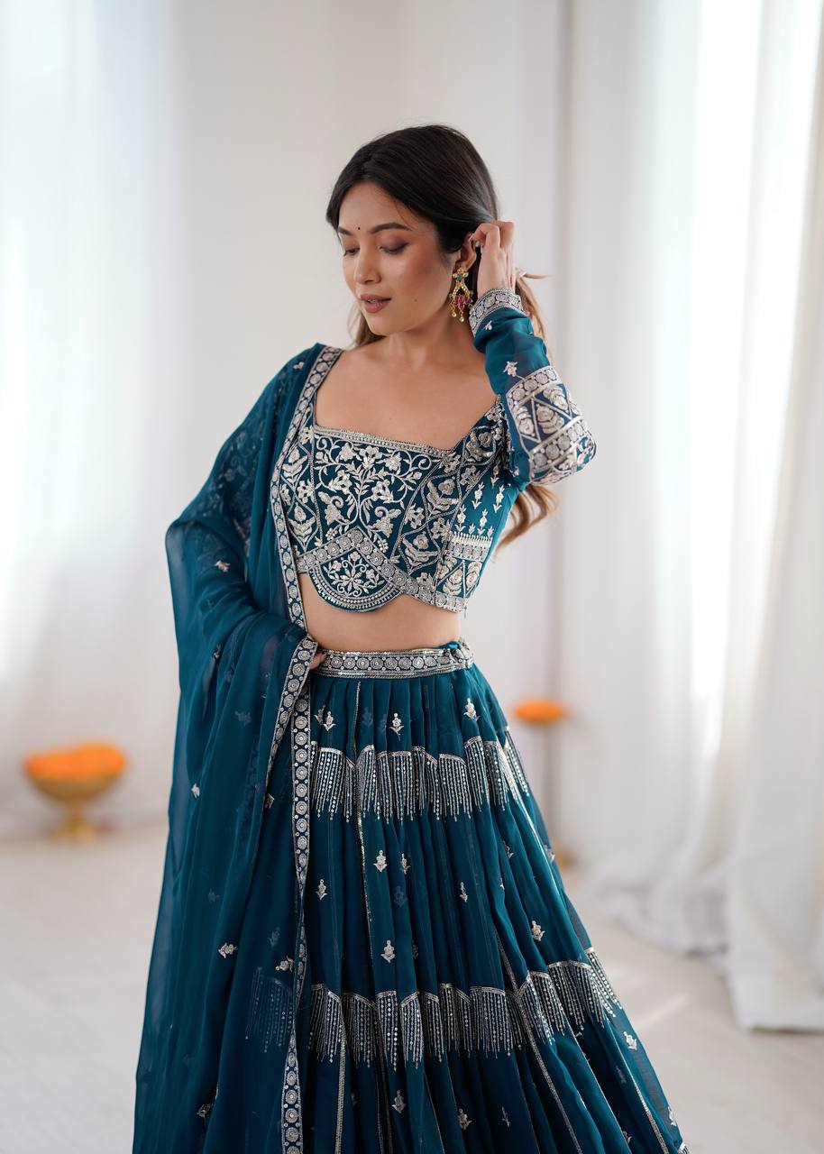 Women's Faux Georgette Thread Embroidered Lehenga Choli Set with Dupatta