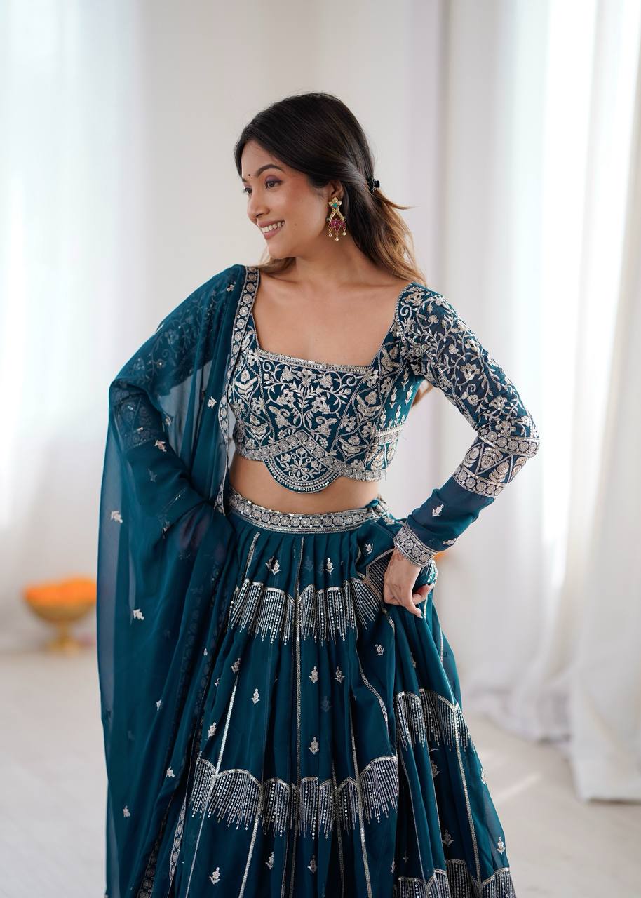 Women's Faux Georgette Thread Embroidered Lehenga Choli Set with Dupatta