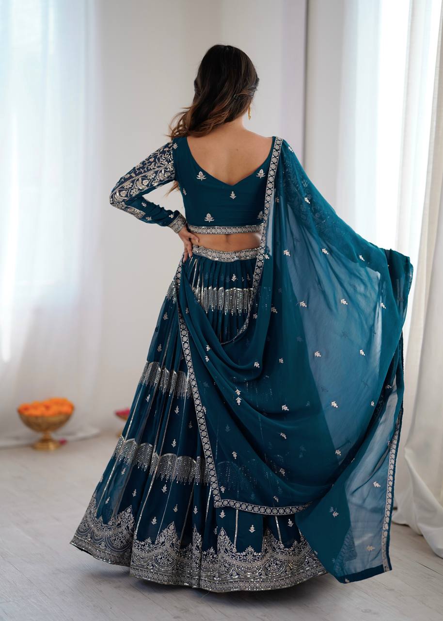 Women's Faux Georgette Thread Embroidered Lehenga Choli Set with Dupatta