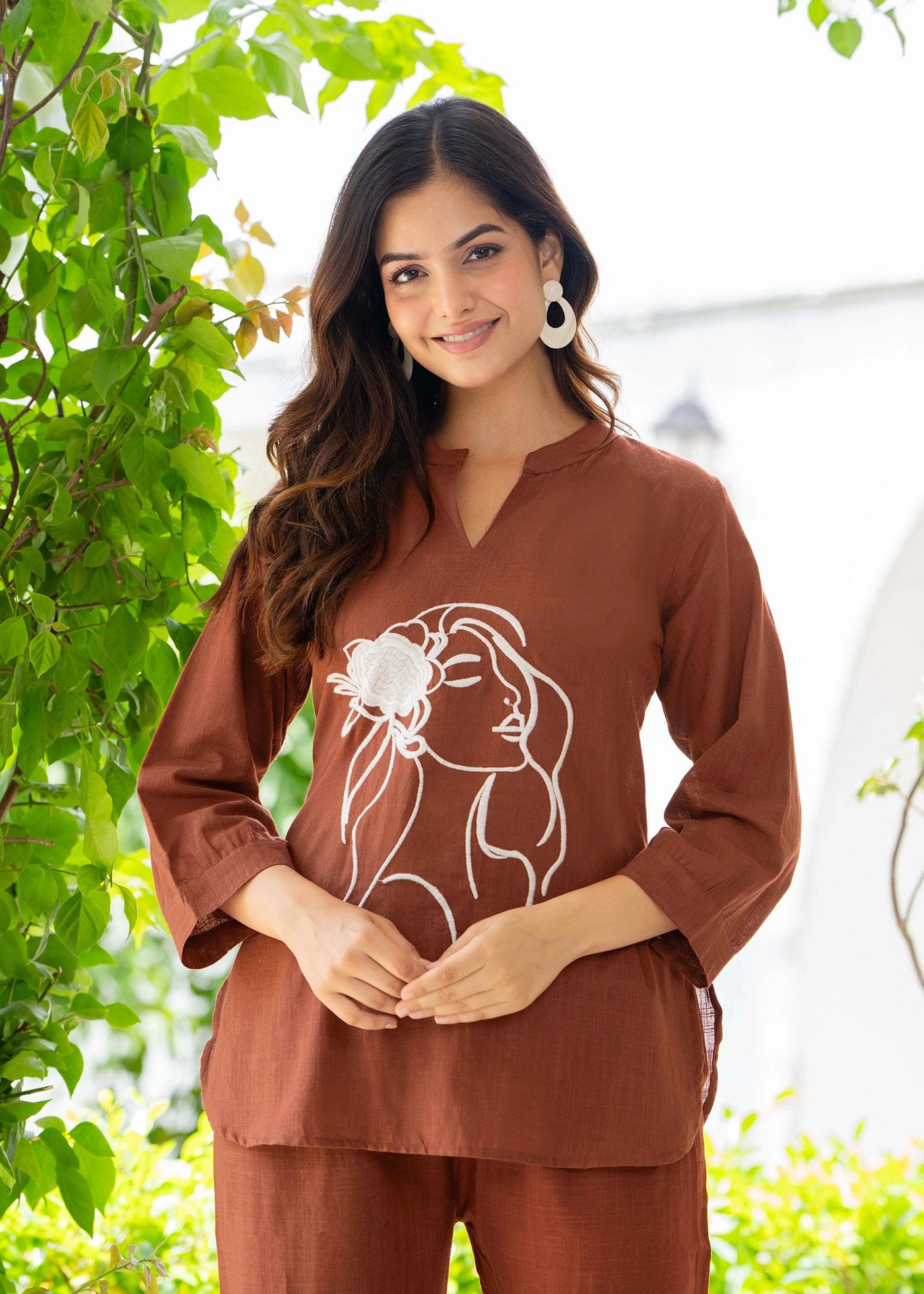 Women's Brown Embroidered Crepe Ethnic Co-Ord Set