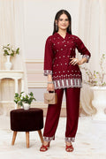 Red Schiffli Viscose Rayon Co-Ord Set with V Neck