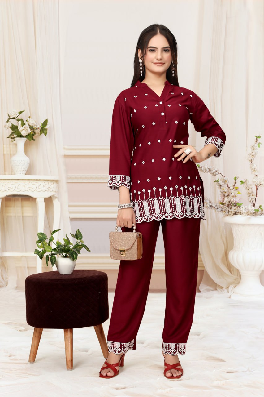 Red Schiffli Viscose Rayon Co-Ord Set with V Neck