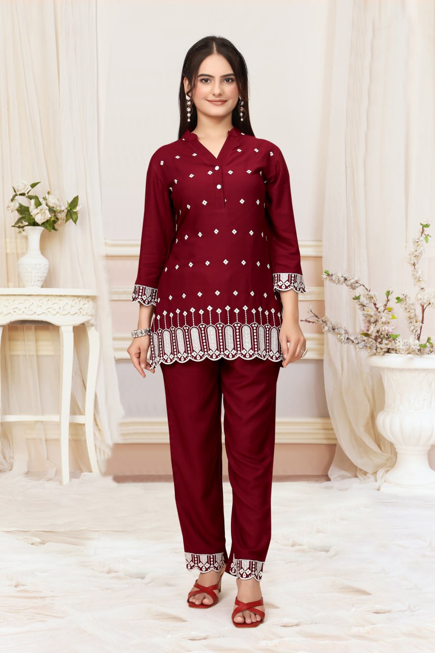 Red Schiffli Viscose Rayon Co-Ord Set with V Neck