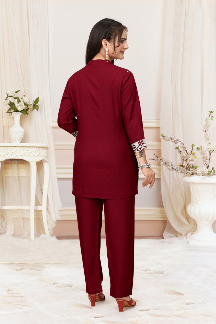 Red Schiffli Viscose Rayon Co-Ord Set with V Neck
